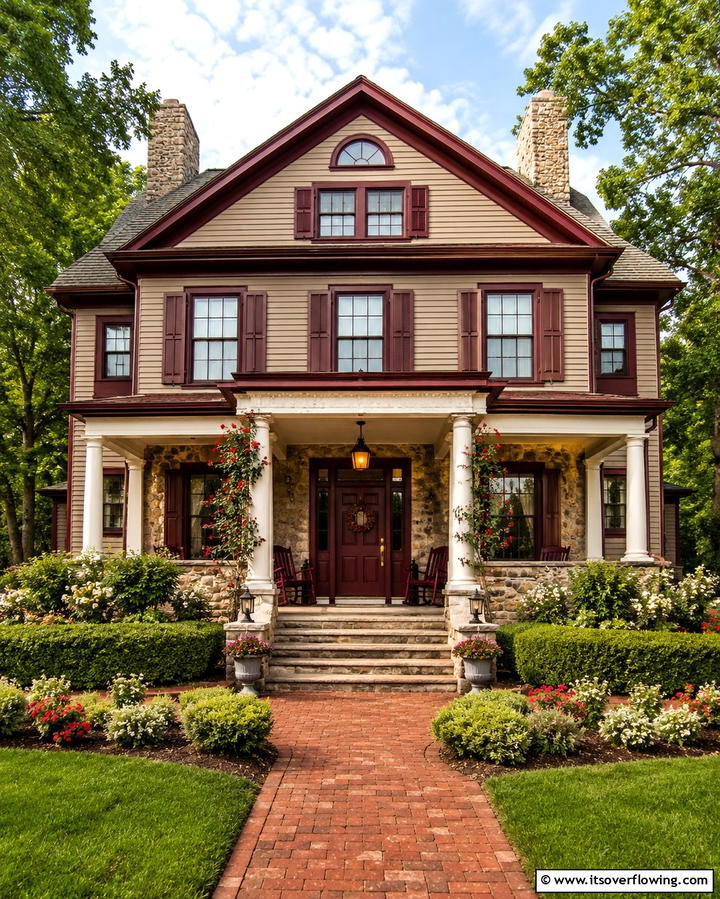 Taupe with Burgundy Trim - 25 Exterior Taupe House Color Combinations for Modern Homes