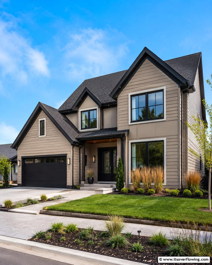 Taupe with Charcoal Gray Roof - 25 Exterior Taupe House Color Combinations for Modern Homes