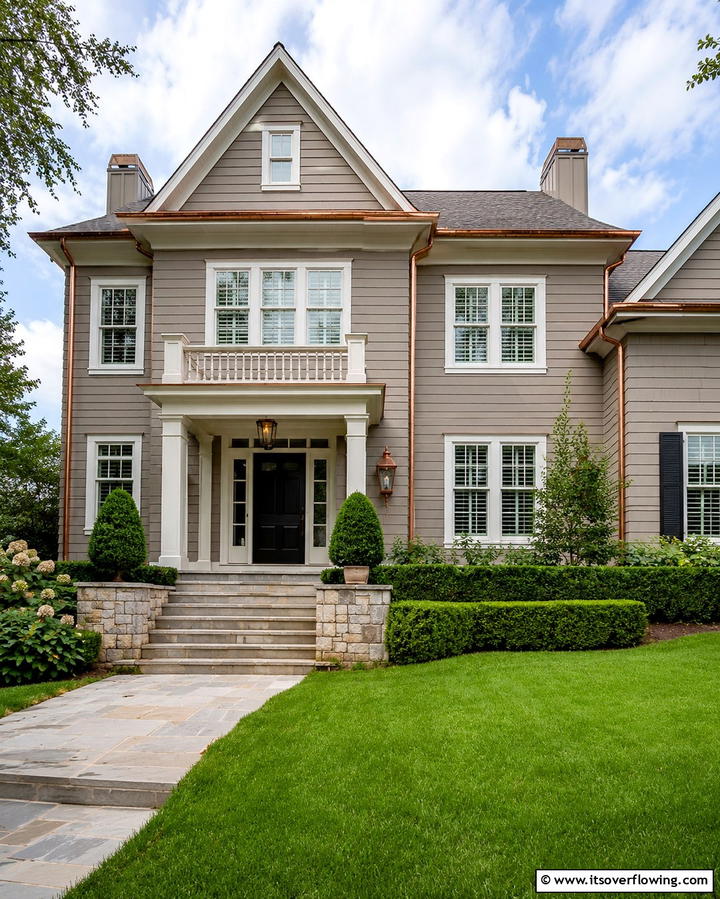 Taupe with Copper Gutters - 25 Exterior Taupe House Color Combinations for Modern Homes