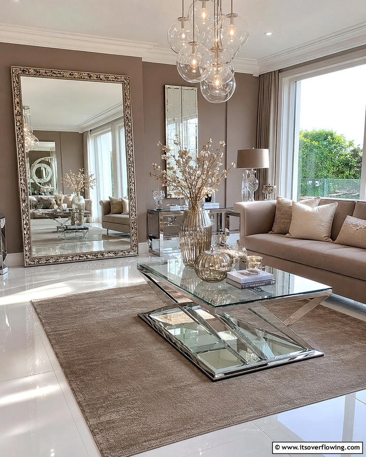 Taupe with Glass and Mirrors - 20 Taupe Living Room Ideas for a Neutral Aesthetic