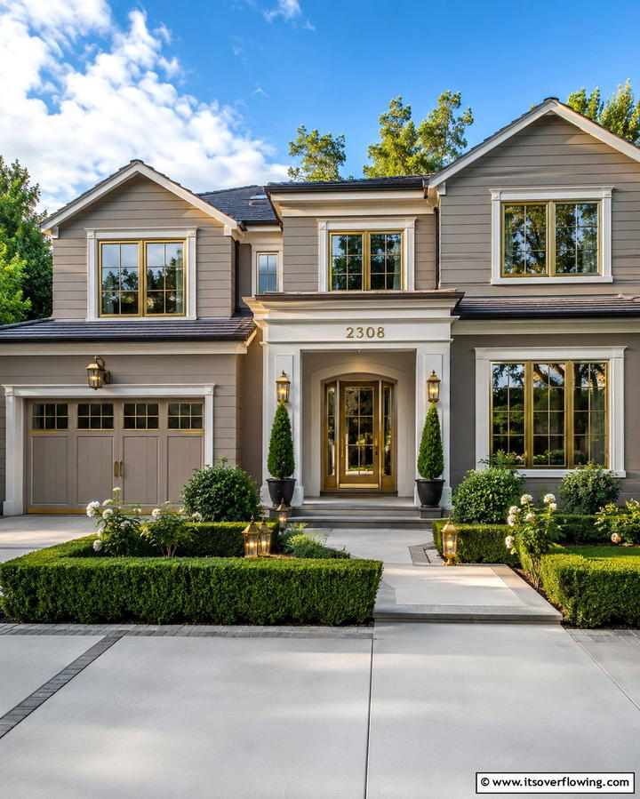 Taupe with Gold Accents - 25 Exterior Taupe House Color Combinations for Modern Homes