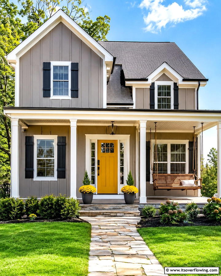 Taupe with Mustard Yellow Door - 25 Exterior Taupe House Color Combinations for Modern Homes
