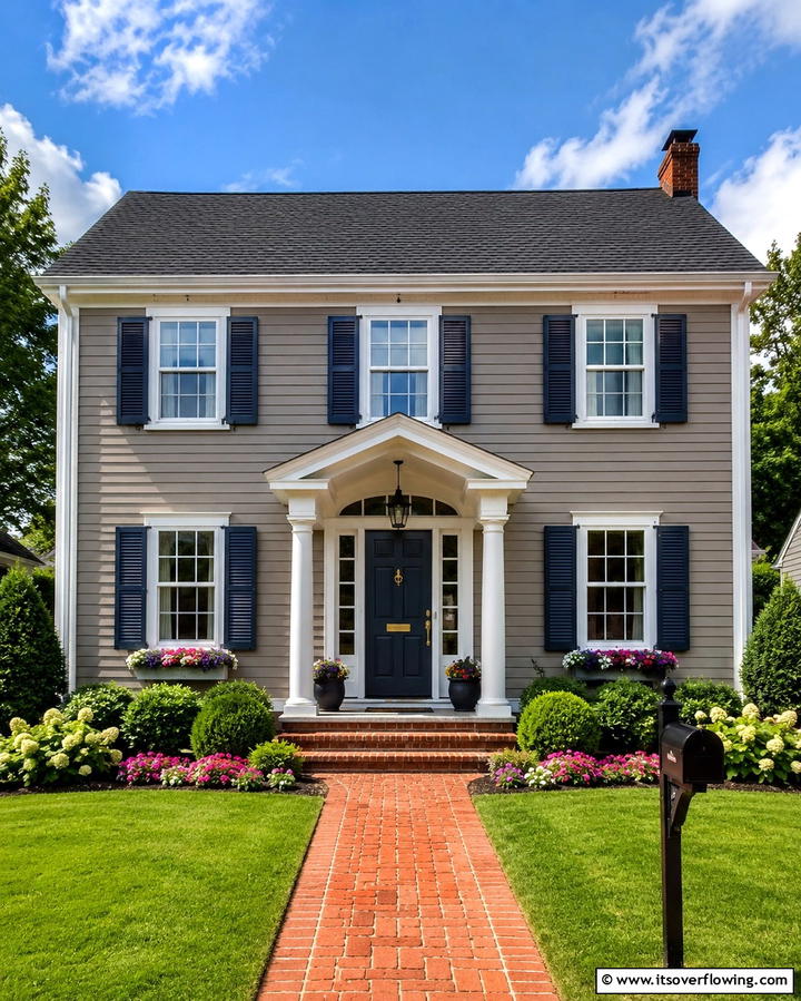 Taupe with Navy Blue Shutters - 25 Exterior Taupe House Color Combinations for Modern Homes