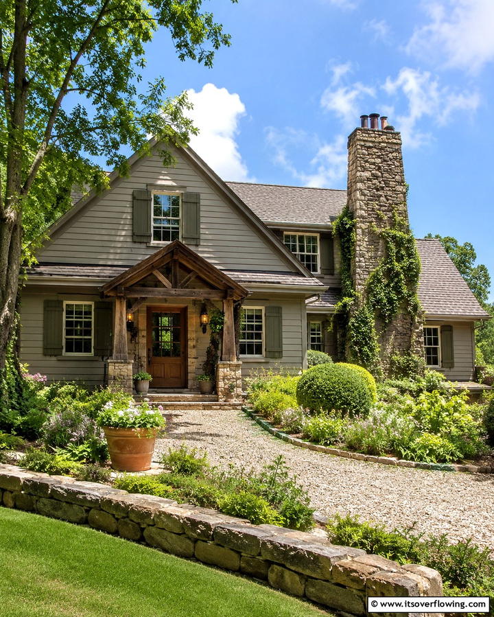 Taupe with Olive Green Shutters - 25 Exterior Taupe House Color Combinations for Modern Homes