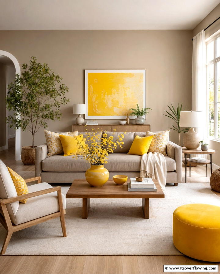 Taupe with Pop of Yellow - 20 Taupe Living Room Ideas for a Neutral Aesthetic