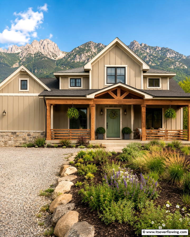 Taupe with Sage Green Doors - 25 Exterior Taupe House Color Combinations for Modern Homes