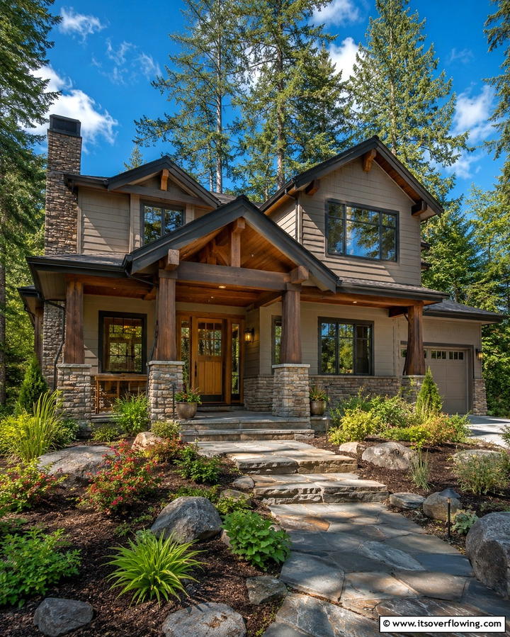 Taupe with Stone Veneer - 25 Exterior Taupe House Color Combinations for Modern Homes