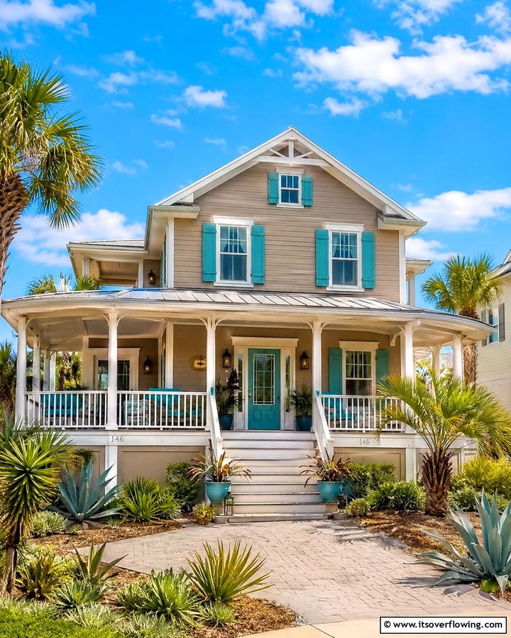 Taupe with Teal Accents - 25 Exterior Taupe House Color Combinations for Modern Homes