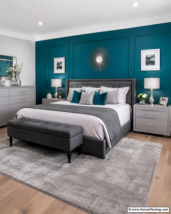 Teal Accent Wall with Grey Furnishings - 20 Teal and Grey Bedroom Ideas for a Modern Look