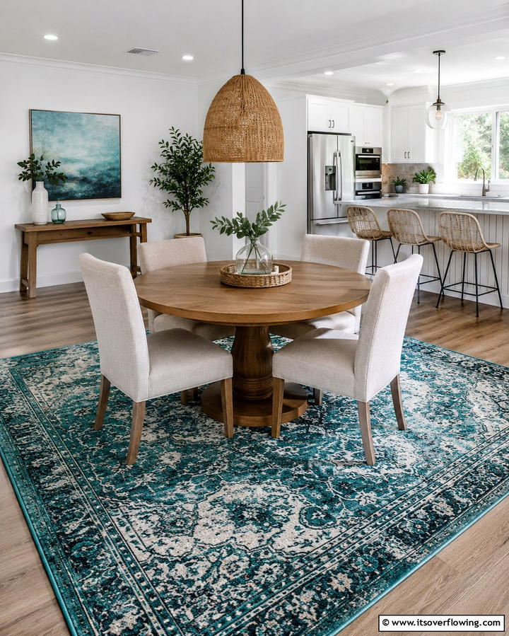 Teal Area Rugs to Anchor the Space - 20 Teal Dining Room Ideas for a Vibrant Space