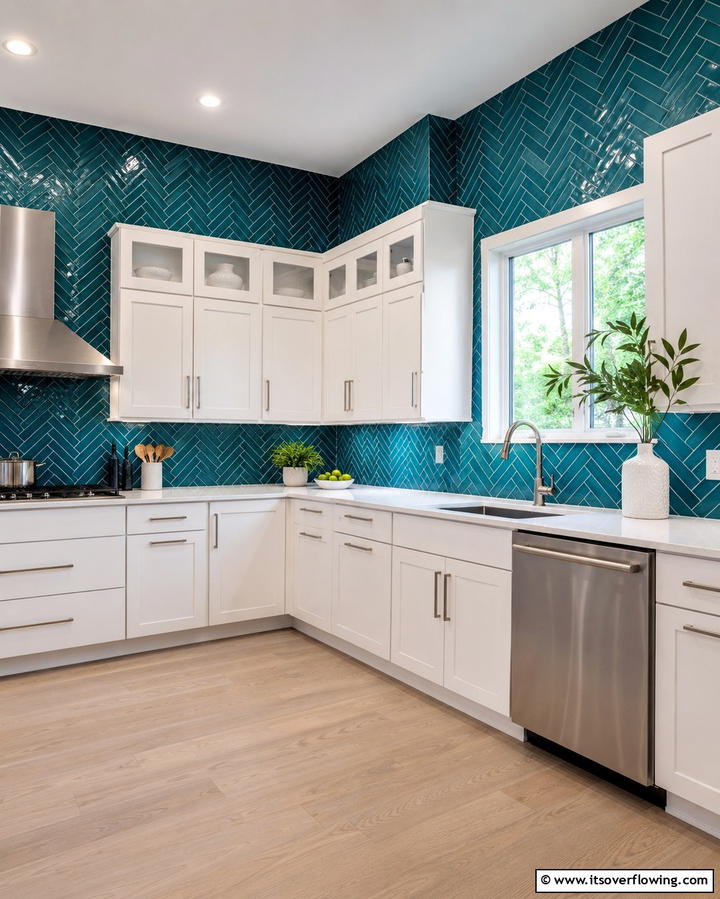 Teal Backsplash with White CabinetsExact - 25 Teal and White Kitchen Ideas for a Fresh Look