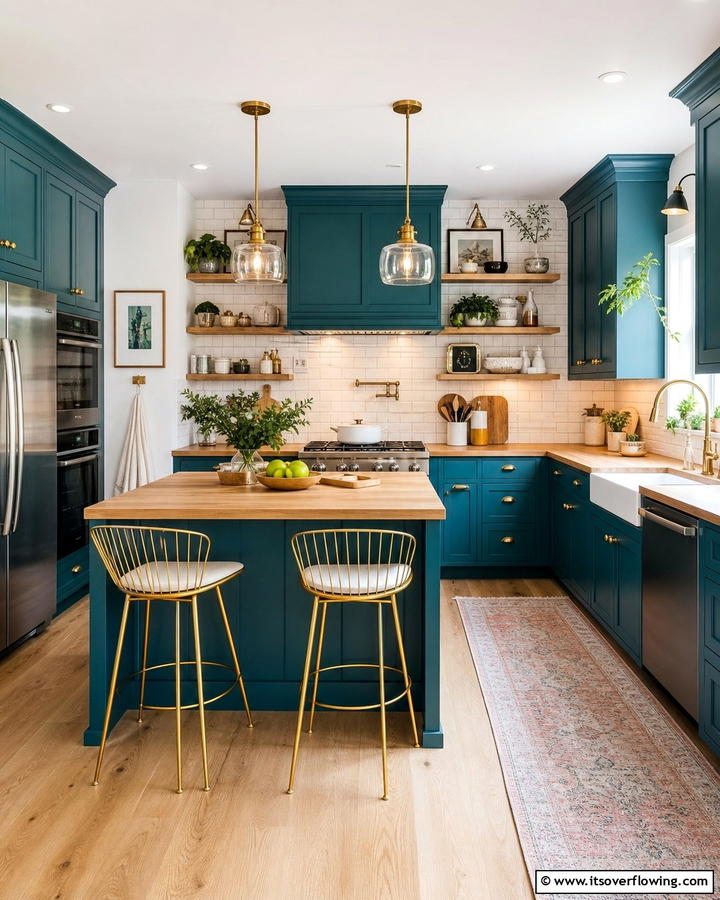 Teal Blue Cabinets with Brushed Gold Knobs - 25 Blue Kitchen Cabinets With Gold Hardware for a Luxe Look