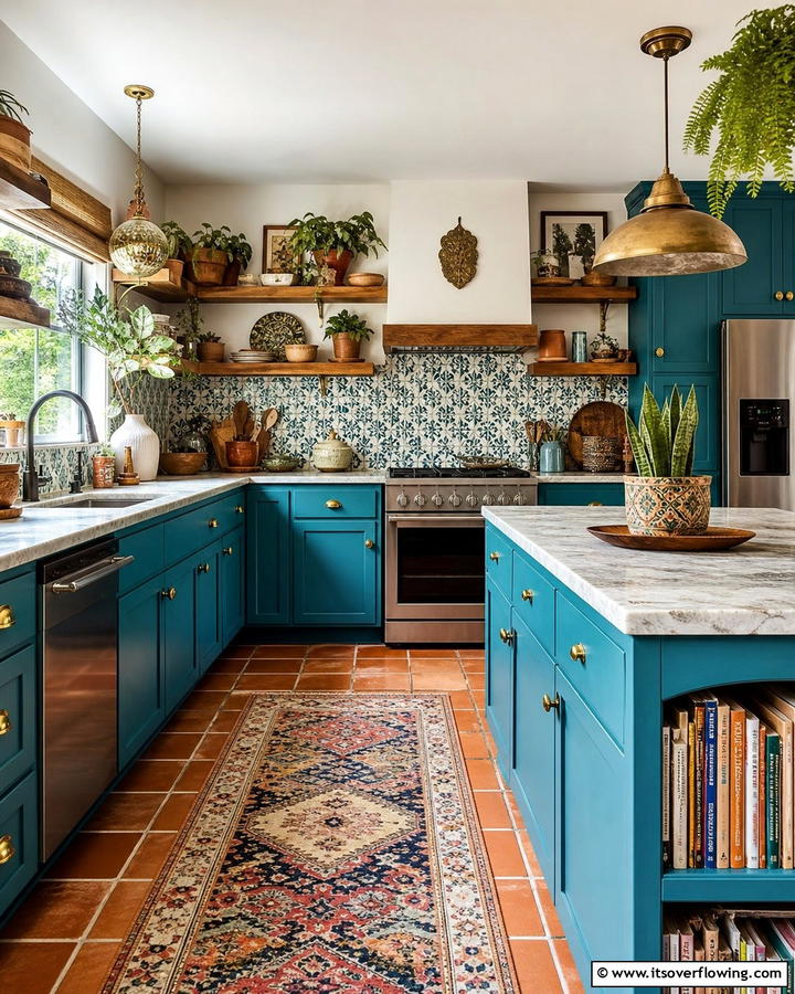 Teal Blue Cabinets with Hammered Gold Knobs - 25 Blue Kitchen Cabinets With Gold Hardware for a Luxe Look