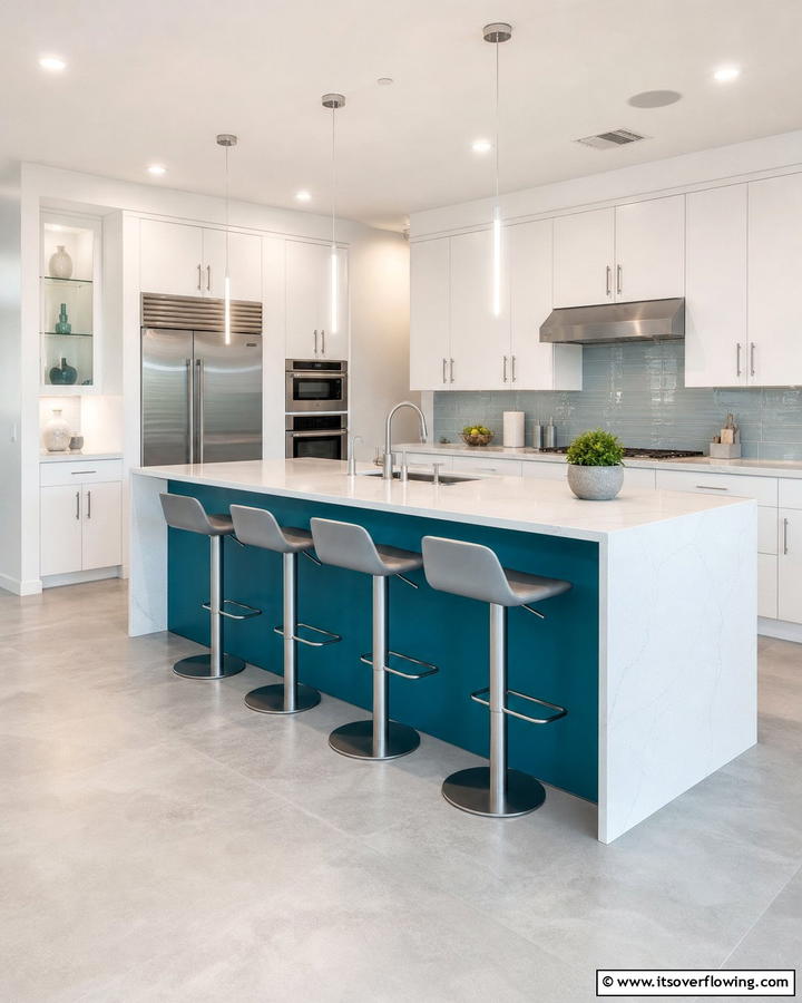 Teal Blue Island with Waterfall Countertops - 25 Blue Kitchen Island Ideas for a Fresh Look