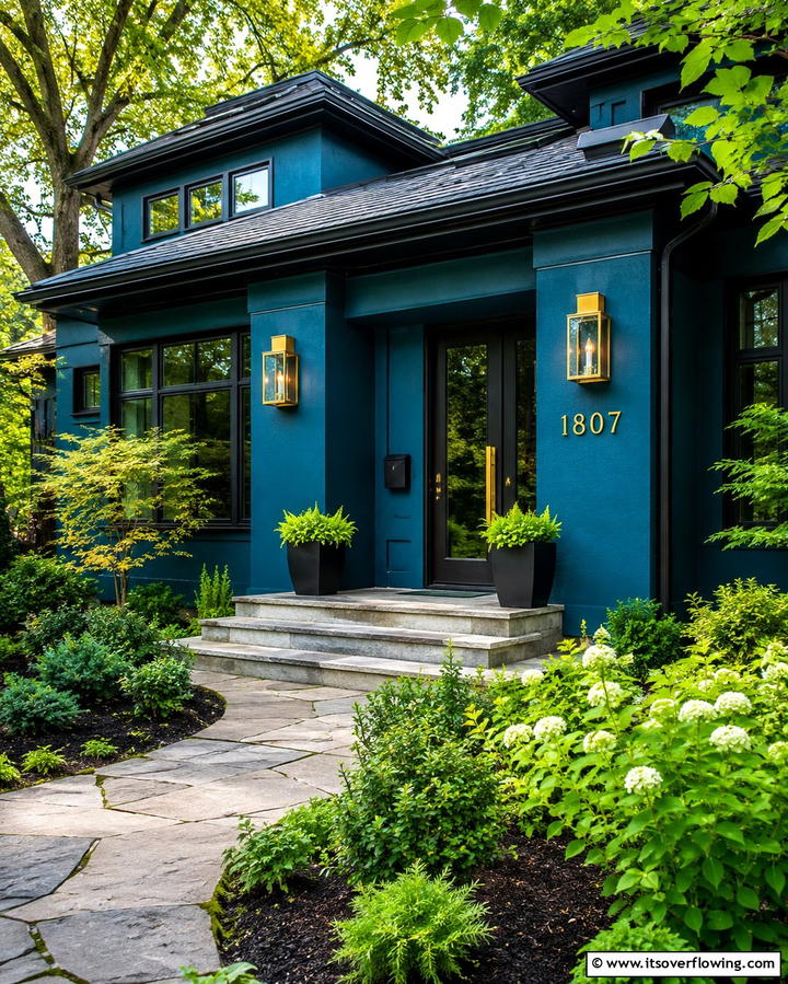 Teal Blue with Gold Hardware - 30 Serene Blue Exterior House Paint Ideas for Curb Appeal