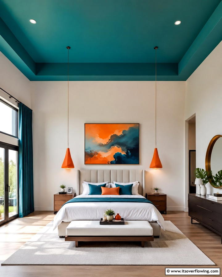 Teal Ceiling with Orange Pendants - 25 Teal and Orange Bedroom Ideas for a Vibrant Retreat