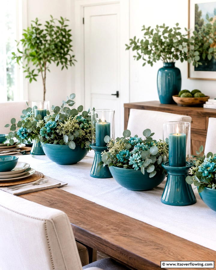 Teal Centerpieces for Seasonal Flair - 20 Teal Dining Room Ideas for a Vibrant Space
