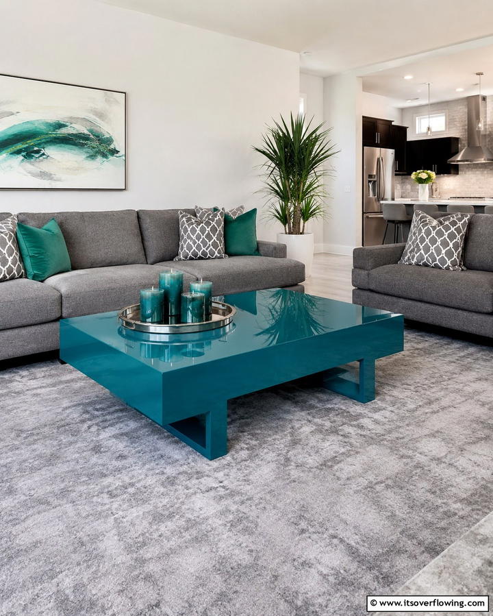 Teal Coffee Table on a Grey Rug - 20 Teal and Grey Living Room Ideas for a Bold Aesthetic