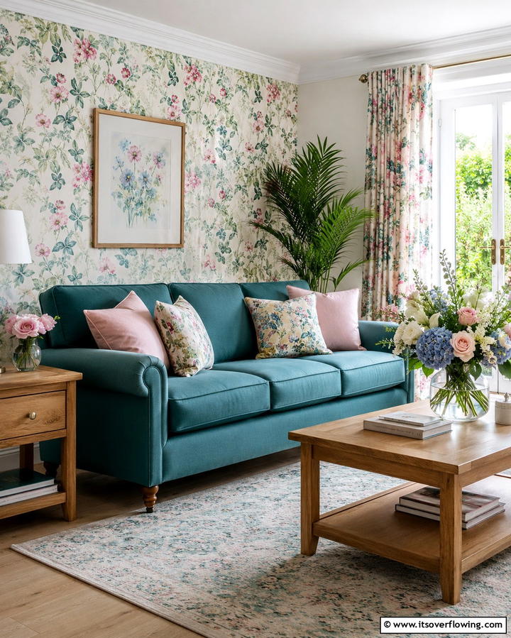 Teal Couch and Floral Patterns - 20 Teal Couch Living Room Ideas for a Bold Statement