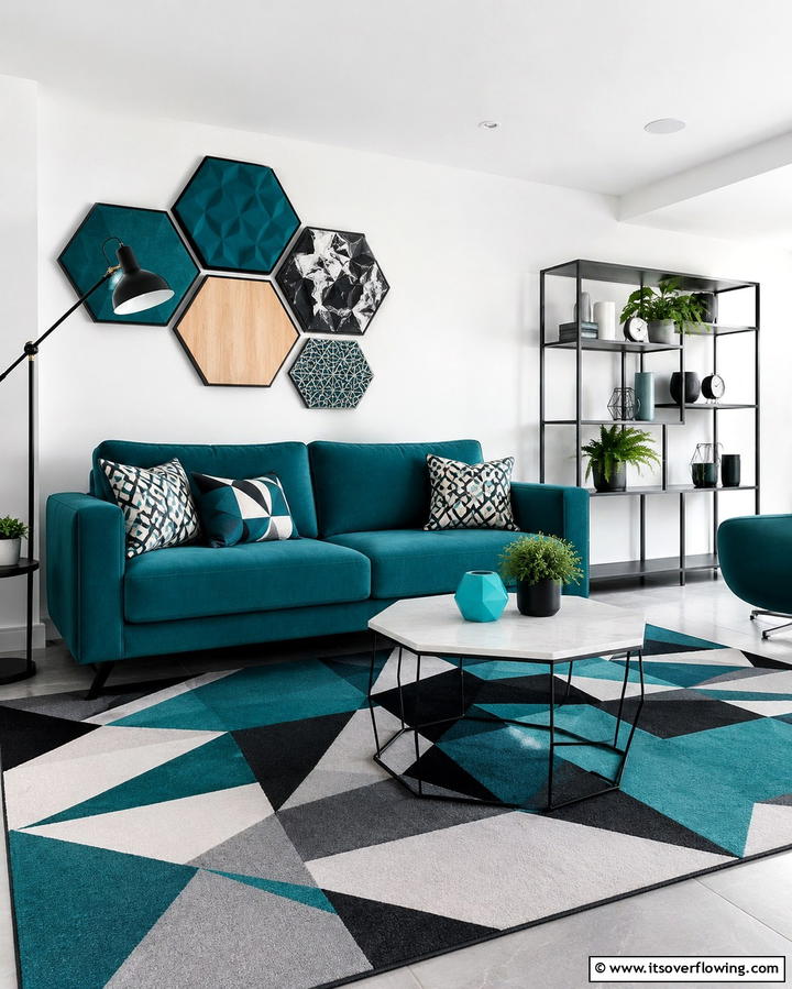 Teal Couch and Geometric Patterns - 20 Teal Couch Living Room Ideas for a Bold Statement