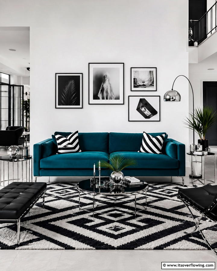 Teal Couch in a Black and White Setting - 20 Teal Couch Living Room Ideas for a Bold Statement