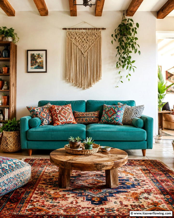 Teal Couch in a Bohemian Setting - 20 Teal Couch Living Room Ideas for a Bold Statement