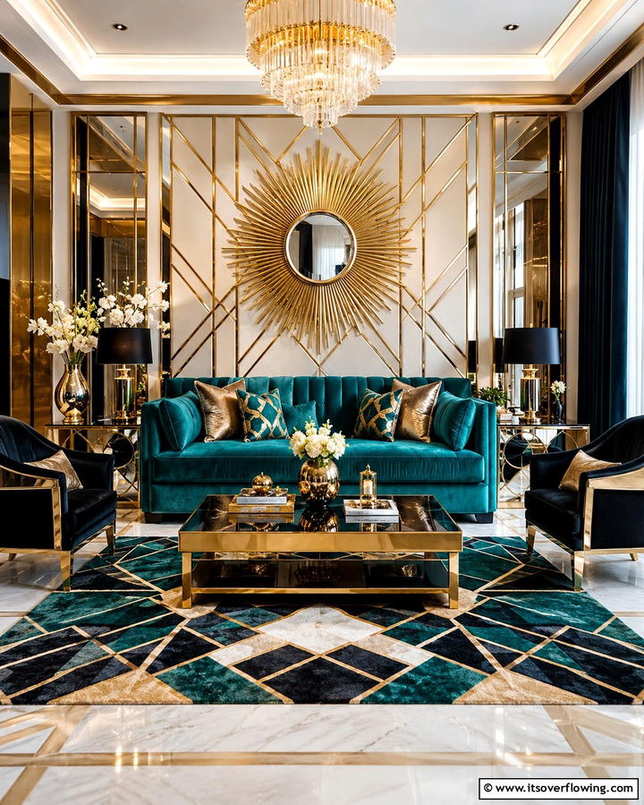 Teal Couch in an Art Deco Setting - 20 Teal Couch Living Room Ideas for a Bold Statement
