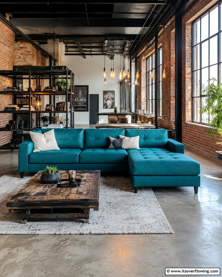 Teal Couch with Industrial Elements - 20 Teal Couch Living Room Ideas for a Bold Statement
