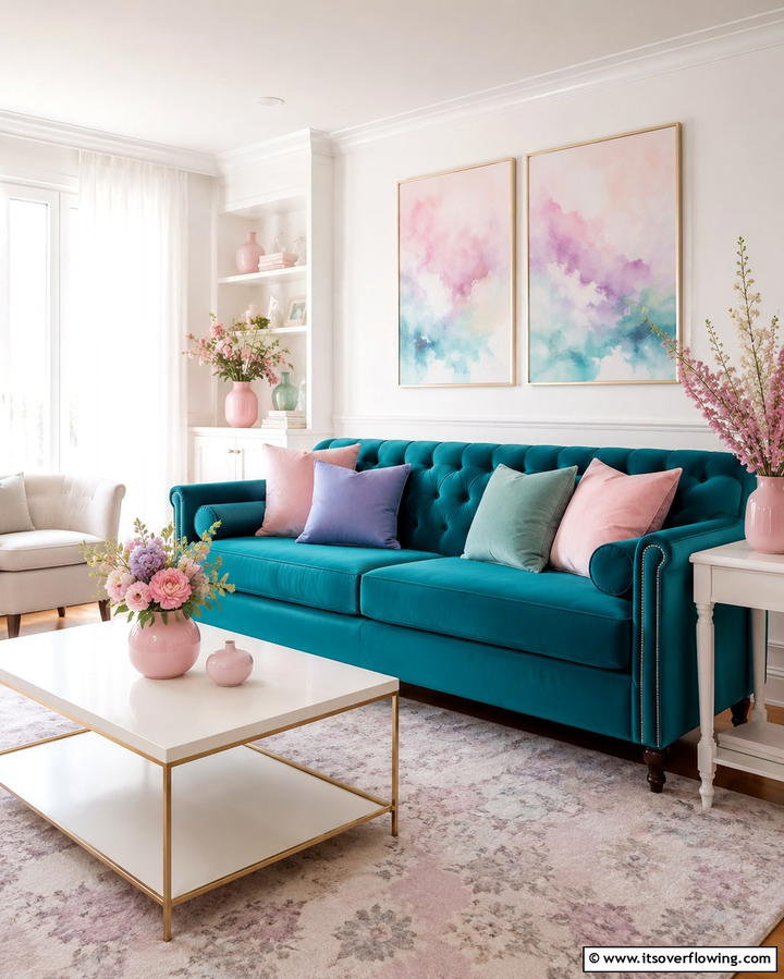 Teal Couch with Pastel Accents - 20 Teal Couch Living Room Ideas for a Bold Statement