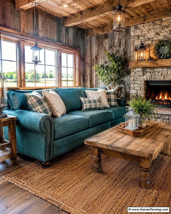 Teal Couch with Rustic Charm - 20 Teal Couch Living Room Ideas for a Bold Statement
