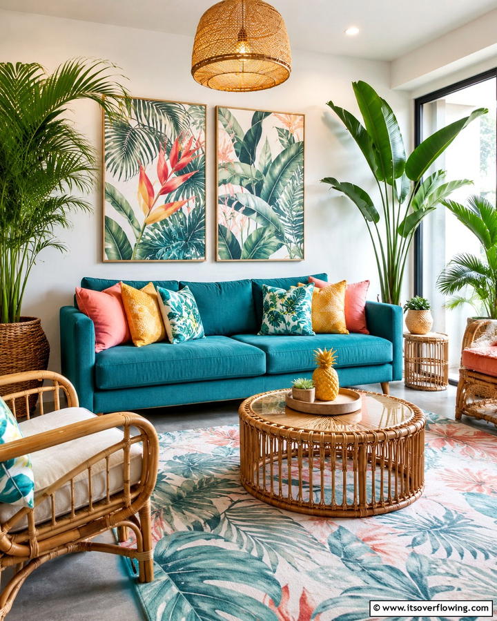 Teal Couch with Tropical Decor - 20 Teal Couch Living Room Ideas for a Bold Statement
