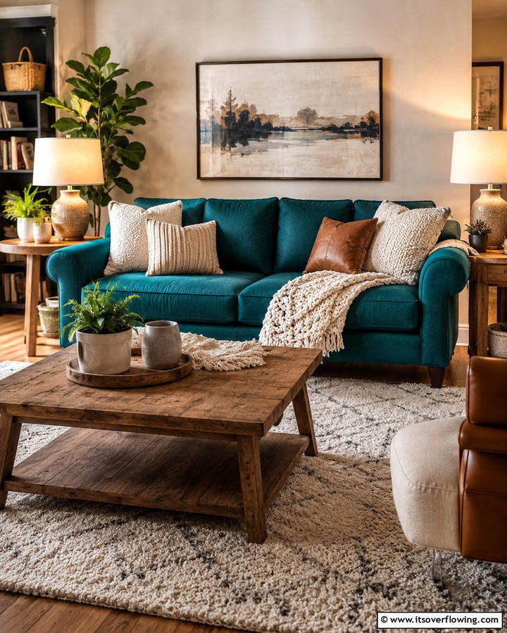 Teal Couch with Warm Lighting - 20 Teal Couch Living Room Ideas for a Bold Statement