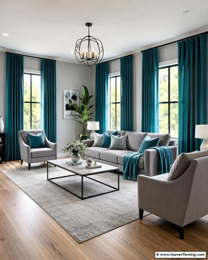 Teal Curtains Paired with Grey Furniture - 20 Teal and Grey Living Room Ideas for a Bold Aesthetic