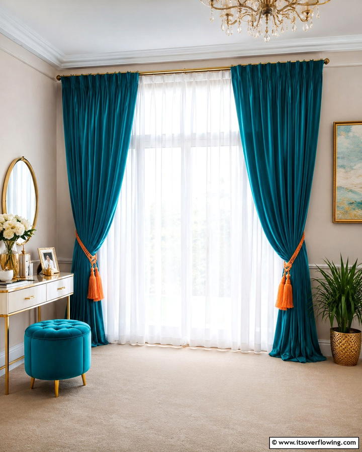 Teal Curtains with Orange Tiebacks - 25 Teal and Orange Bedroom Ideas for a Vibrant Retreat