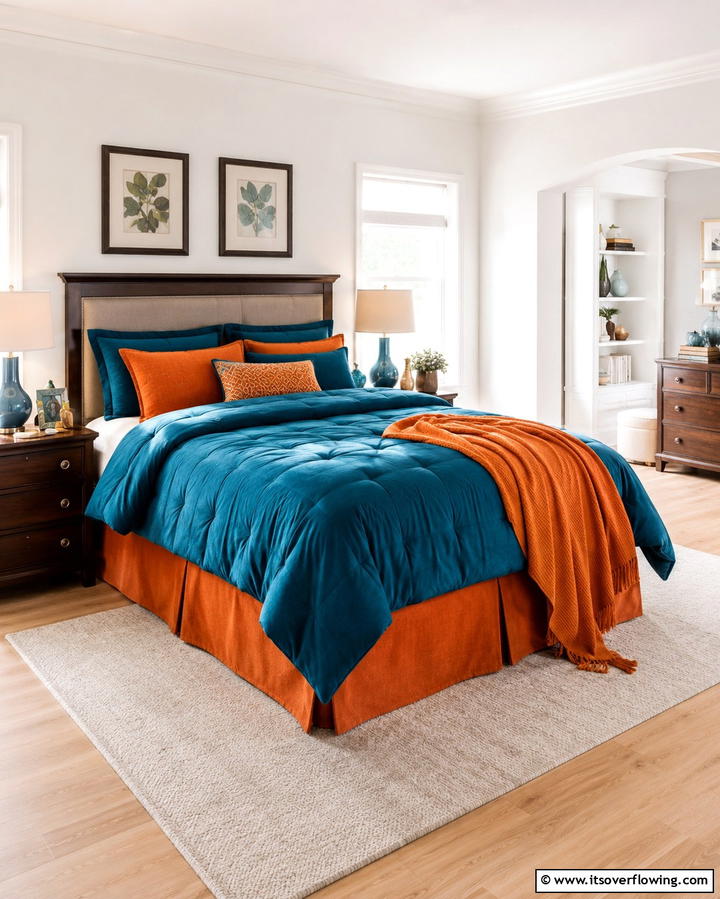 Teal Duvet with Orange Bed Skirt - 25 Teal and Orange Bedroom Ideas for a Vibrant Retreat
