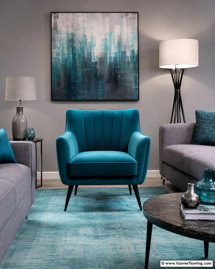 Teal Feature Chair with Grey Backdrop - 20 Teal and Grey Living Room Ideas for a Bold Aesthetic