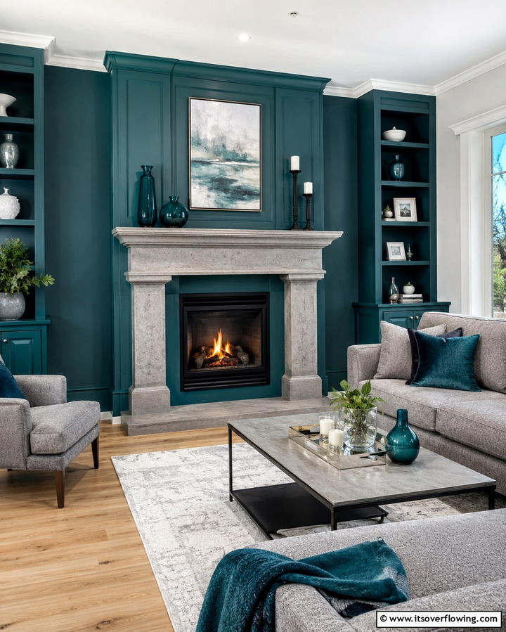 Teal Fireplace with Grey Mantel - 20 Teal and Grey Living Room Ideas for a Bold Aesthetic