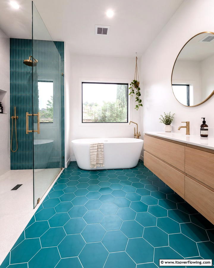 Teal Floor Tiles for a Unique Base - 30 Soothing Teal Bathroom Design Ideas for 2024