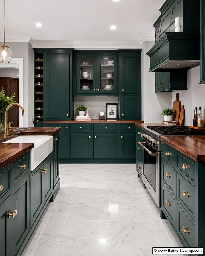 Teal Green Cabinets with Walnut Countertops - 25 Warm Green and Brown Kitchen Design Ideas
