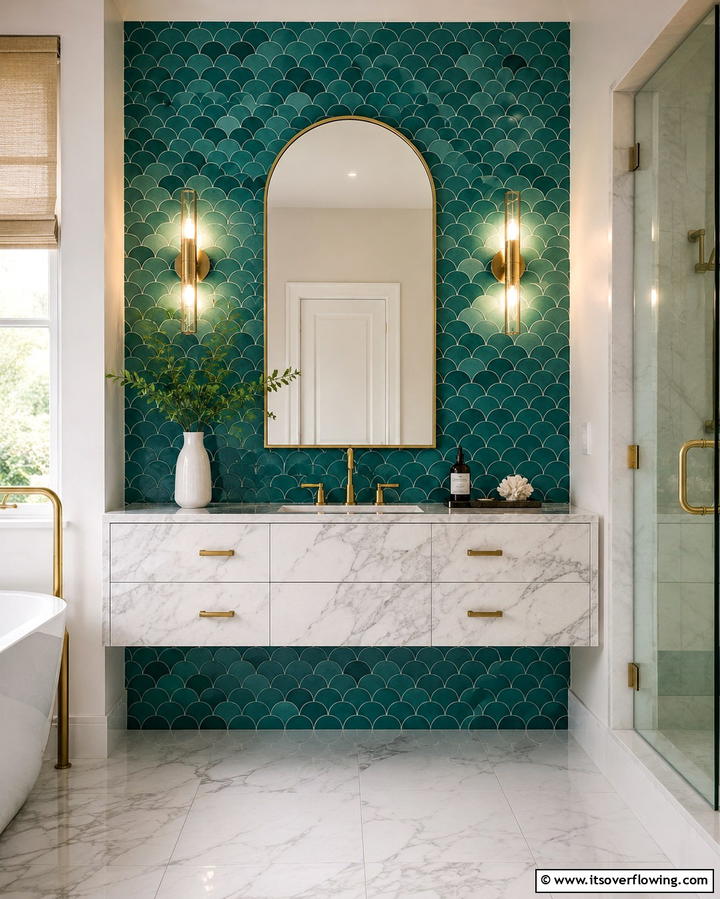 Teal Green Fish Scale Tiles - 30 Green Bathroom Tile Design Ideas for a Refreshing Oasis