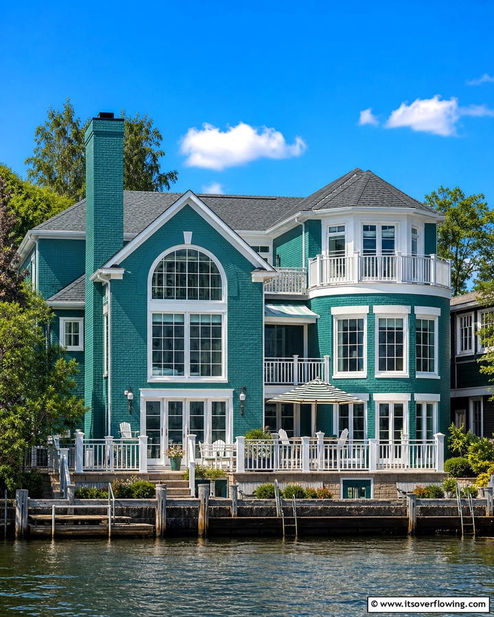Teal Green with White Accents - 30 Green Brick Exterior Home Design Ideas for Modern Houses