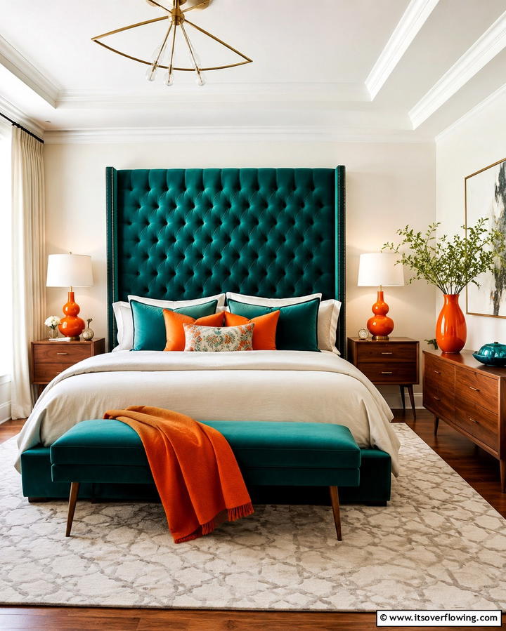 Teal Headboard with Orange Accents - 25 Teal and Orange Bedroom Ideas for a Vibrant Retreat