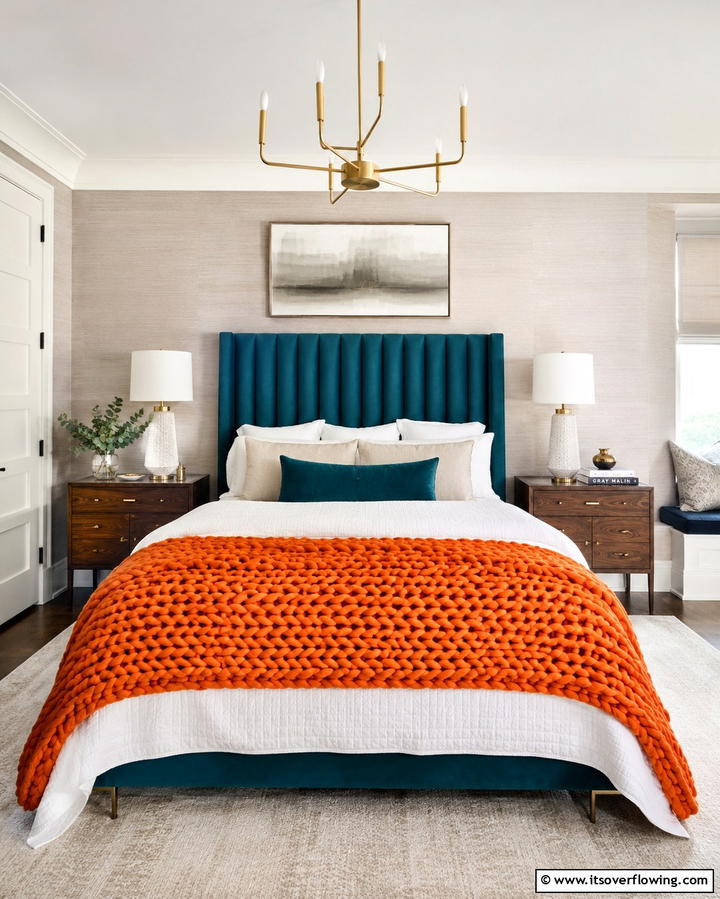 Teal Headboard with Orange Throw Blanket - 25 Teal and Orange Bedroom Ideas for a Vibrant Retreat