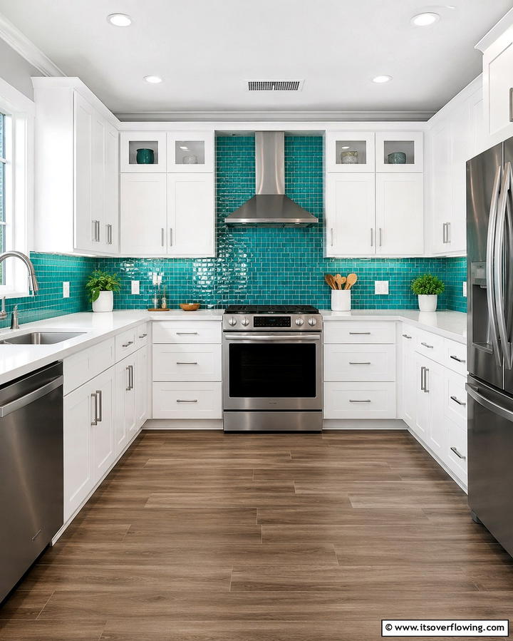 Teal Kitchen Island with White Stools - 25 Teal and White Kitchen Ideas for a Fresh Look