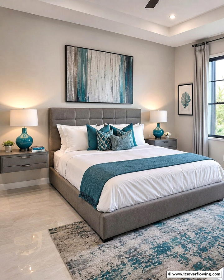 Teal Lamps with Grey Nightstands - 20 Teal and Grey Bedroom Ideas for a Modern Look