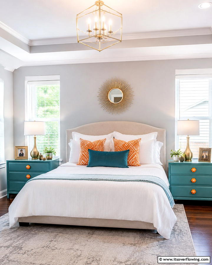 Teal Nightstands with Orange Hardware - 25 Teal and Orange Bedroom Ideas for a Vibrant Retreat