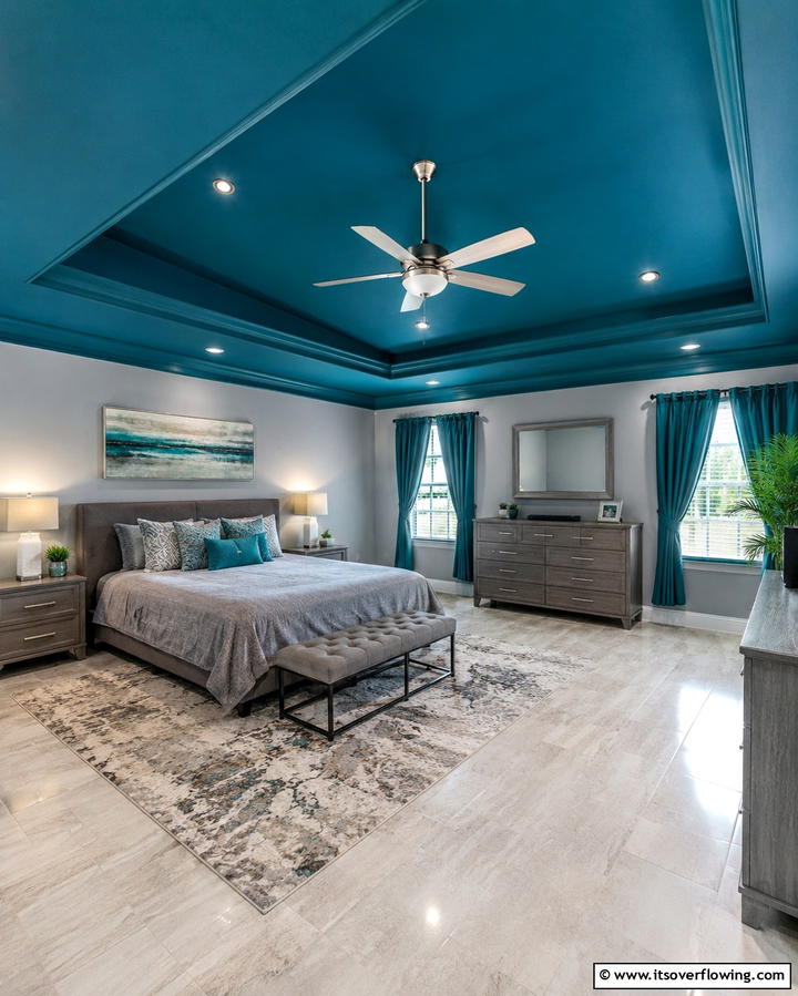 Teal Painted Ceiling with Grey Walls - 20 Teal and Grey Bedroom Ideas for a Modern Look