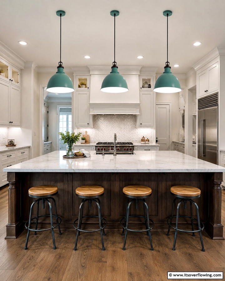 Teal Pendant Lighting with White Interior - 25 Teal and White Kitchen Ideas for a Fresh Look