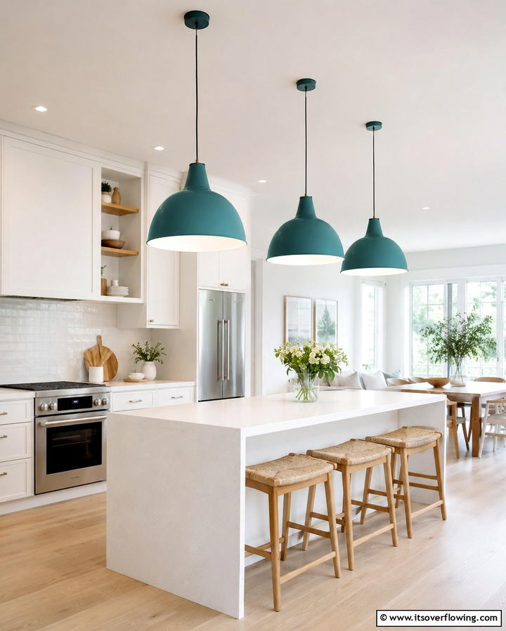 Teal Pendant Lights with White Interiors - 25 Teal and White Kitchen Ideas for a Fresh Look