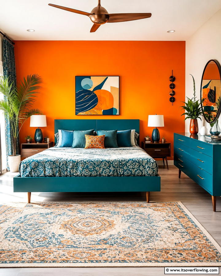 Teal Shelving with Orange Decor - 25 Teal and Orange Bedroom Ideas for a Vibrant Retreat